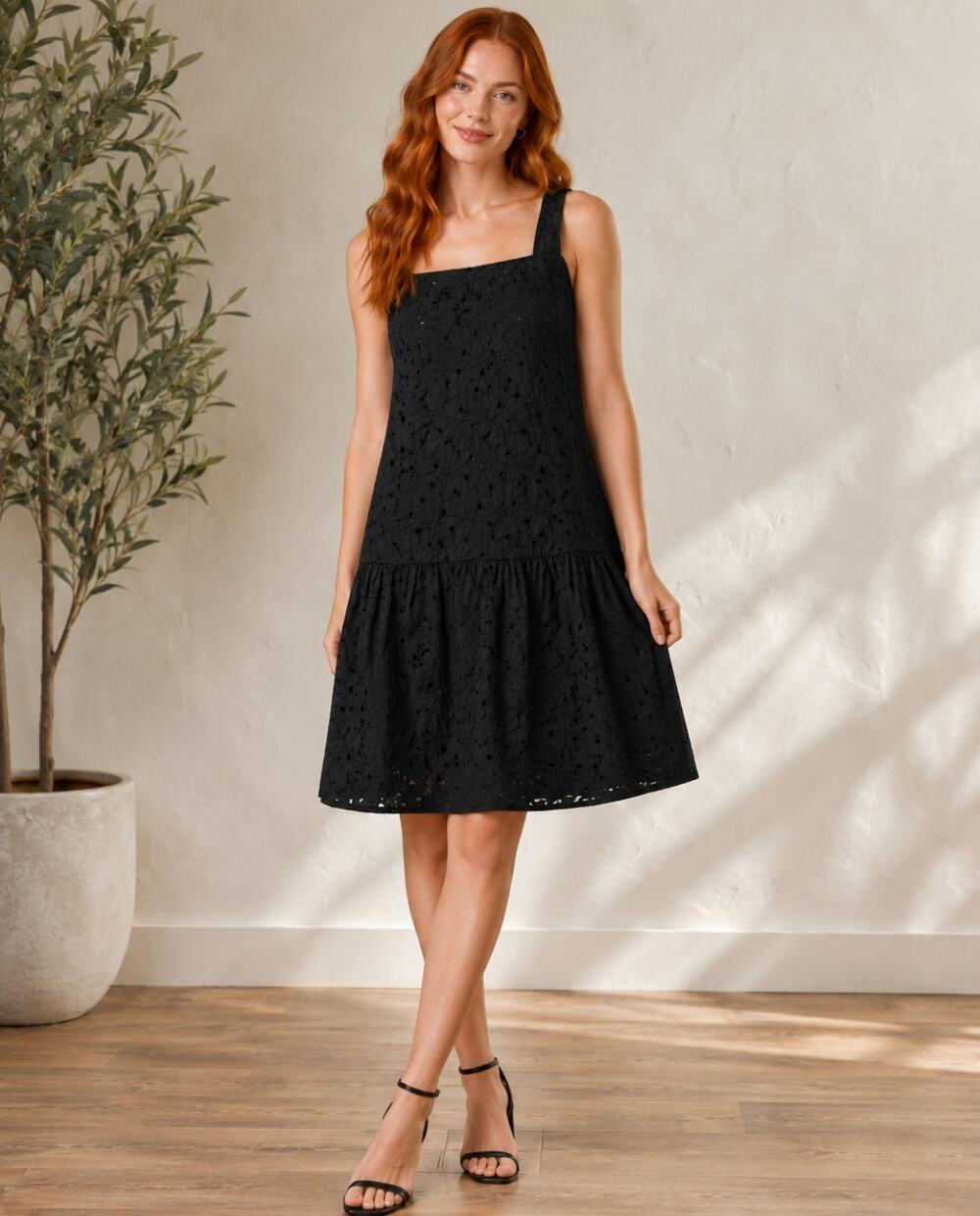 Uniqlo Black Cotton Embroidery Floral Shirring Sleeveless Dress Size L Feminine